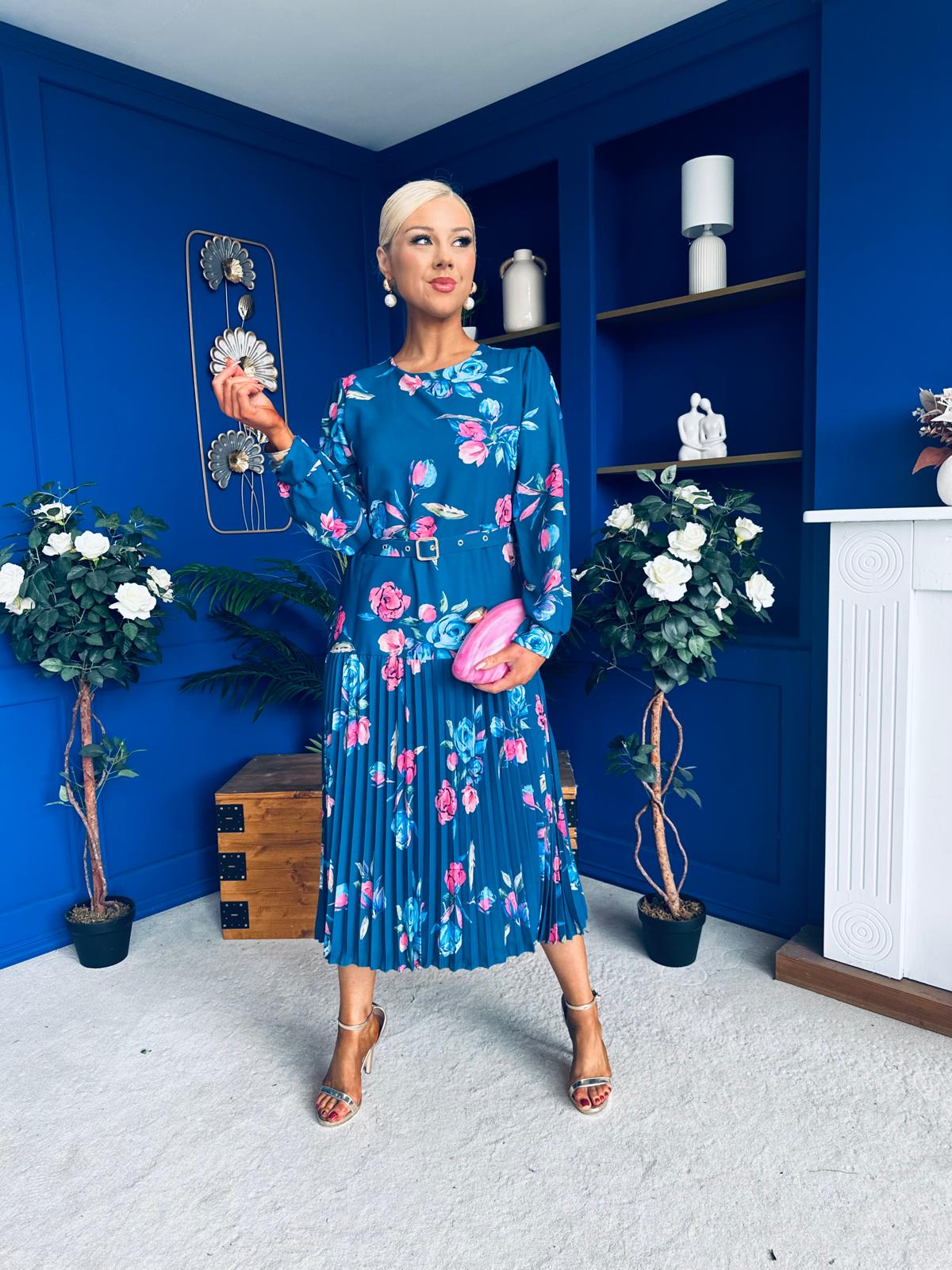 Bevin Belted Midi Dress Floral Midnight Blue