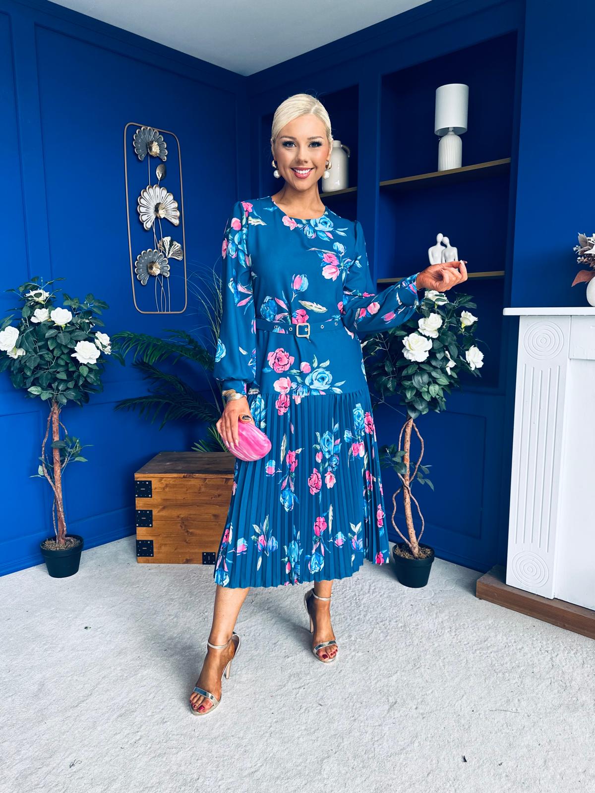 Bevin Belted Midi Dress Floral Midnight Blue