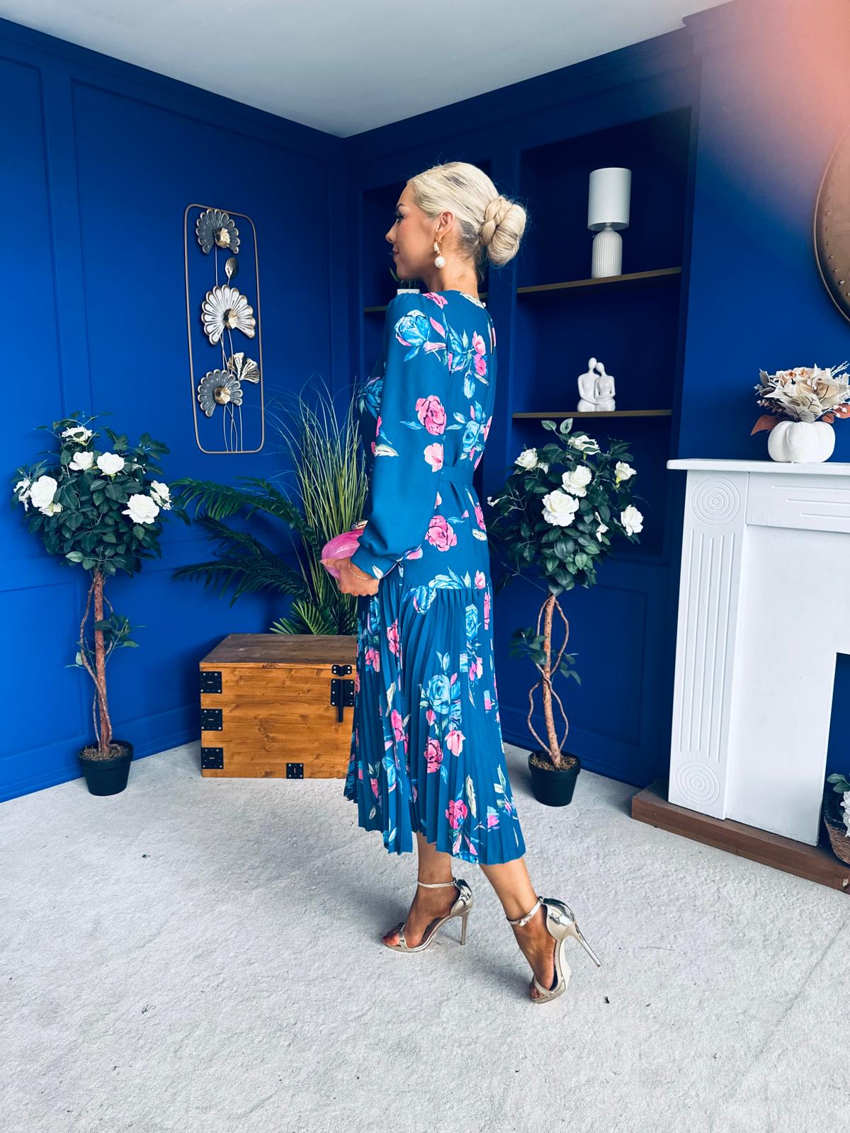 Bevin Belted Midi Dress Floral Midnight Blue