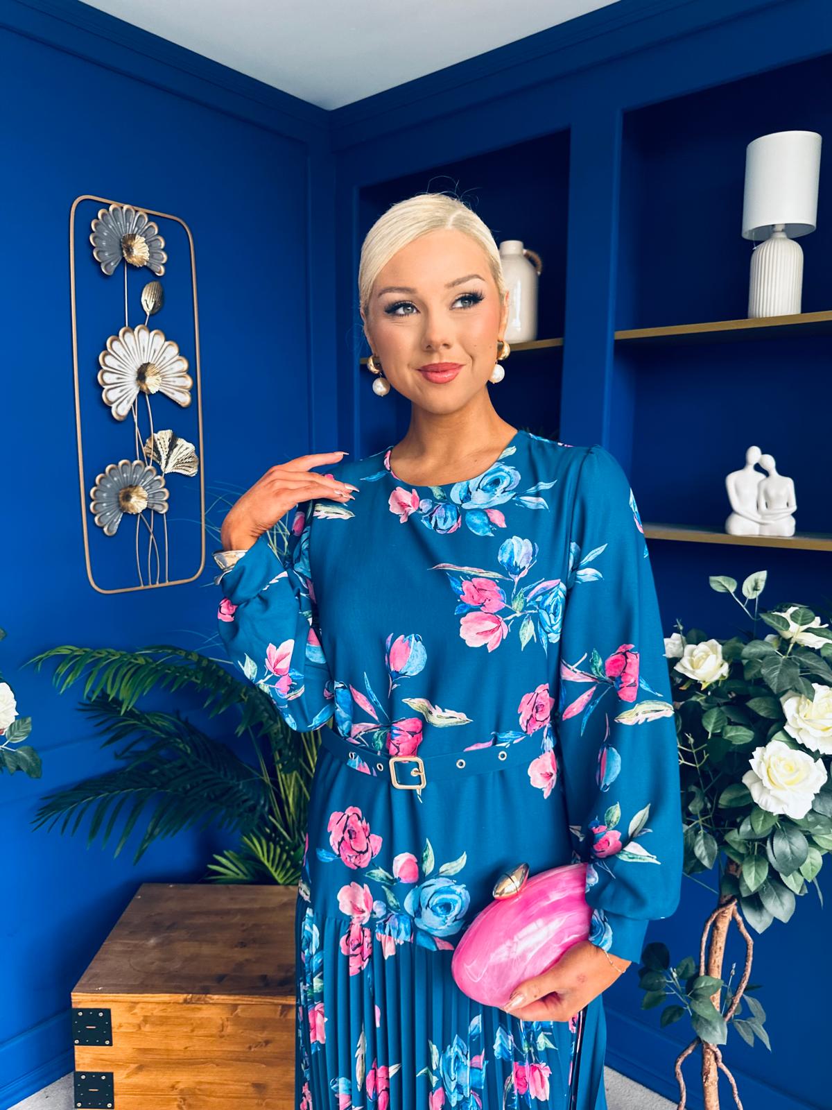 Bevin Belted Midi Dress Floral Midnight Blue