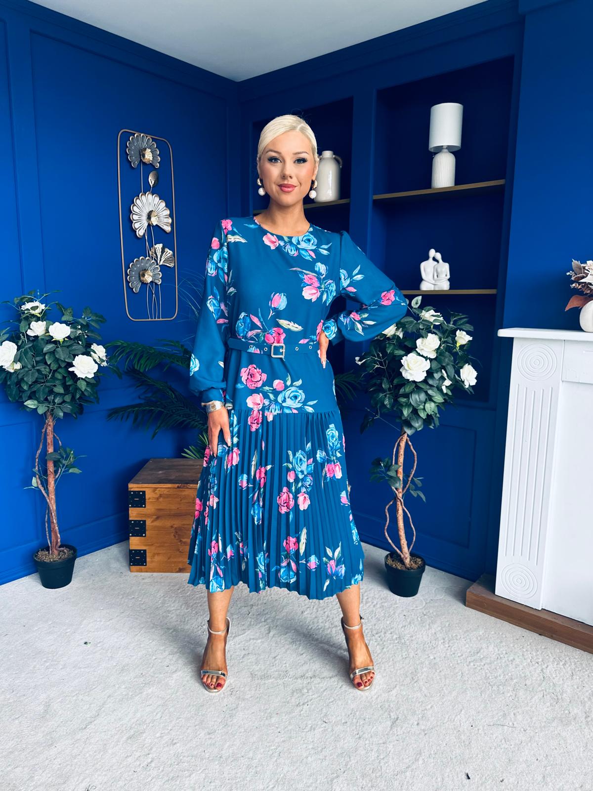 Bevin Belted Midi Dress Floral Midnight Blue