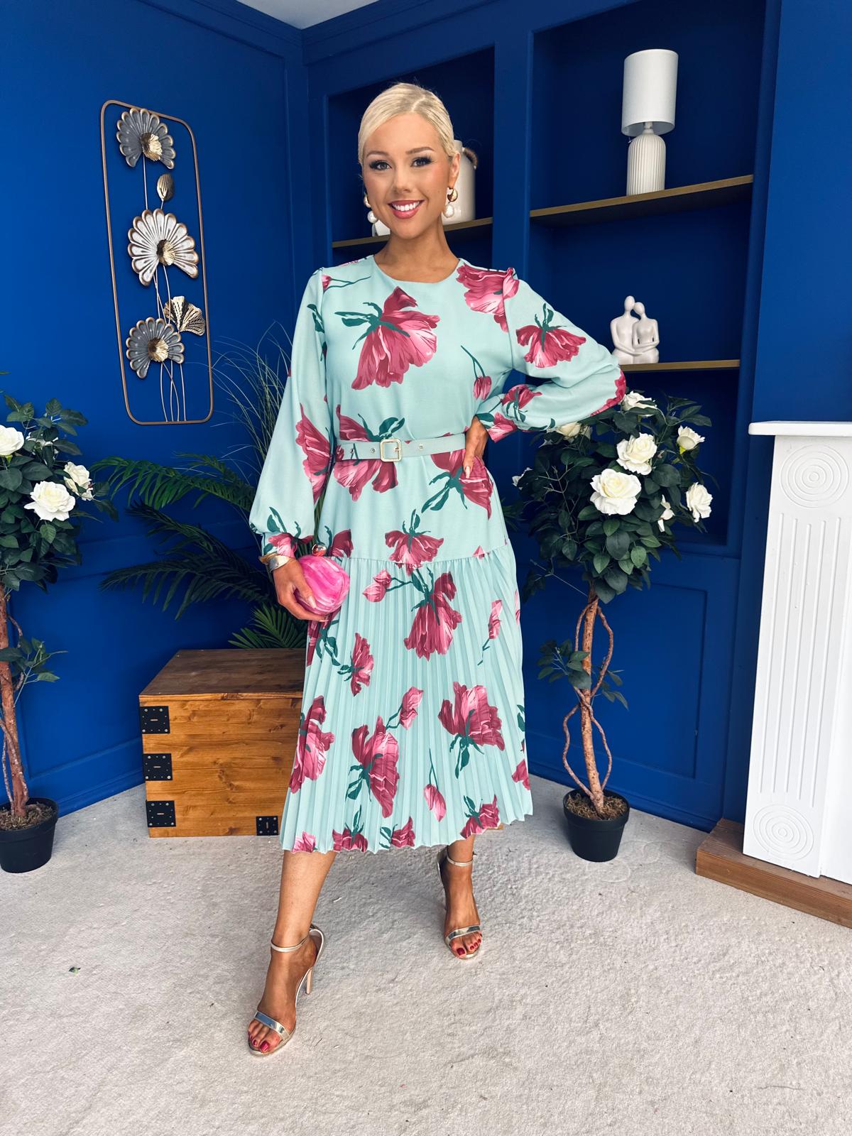 Bevin Belted Midi Dress Floral Mint
