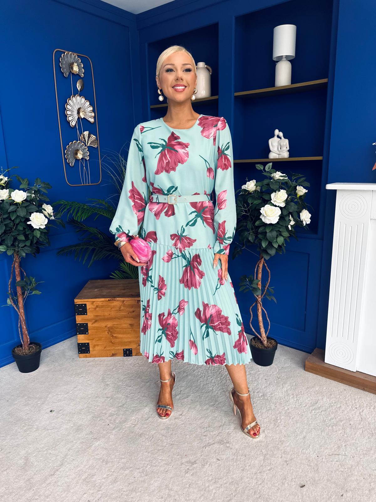 Bevin Belted Midi Dress Floral Mint