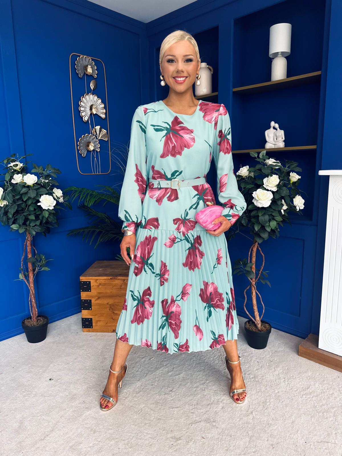 Bevin Belted Midi Dress Floral Mint