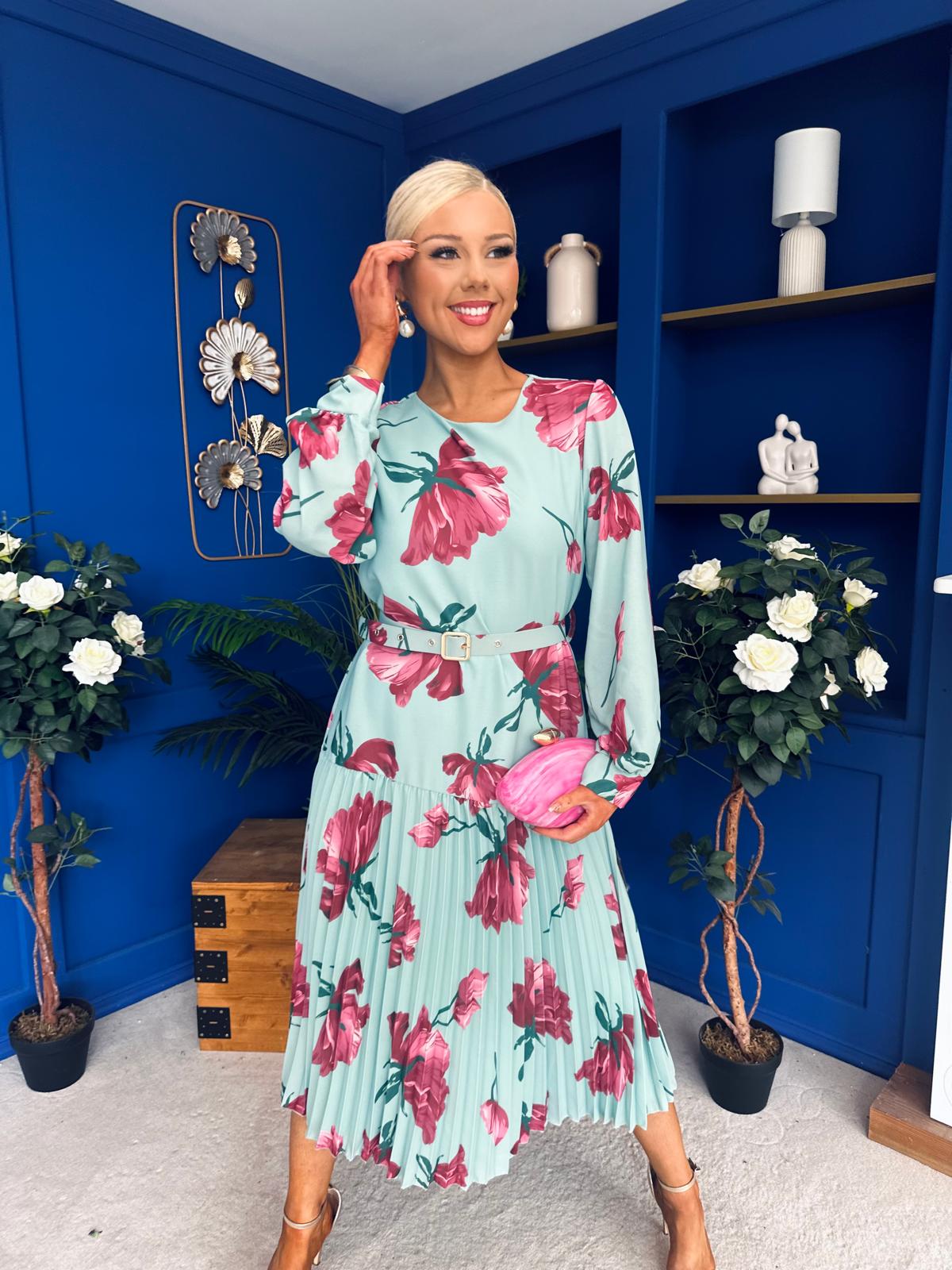 Bevin Belted Midi Dress Floral Mint
