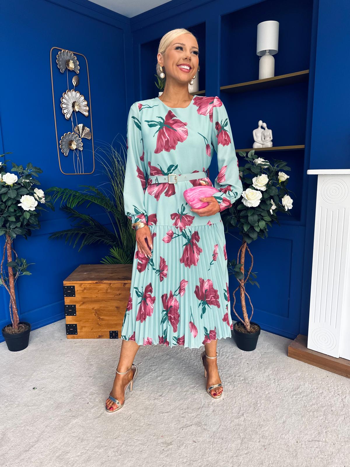 Bevin Belted Midi Dress Floral Mint