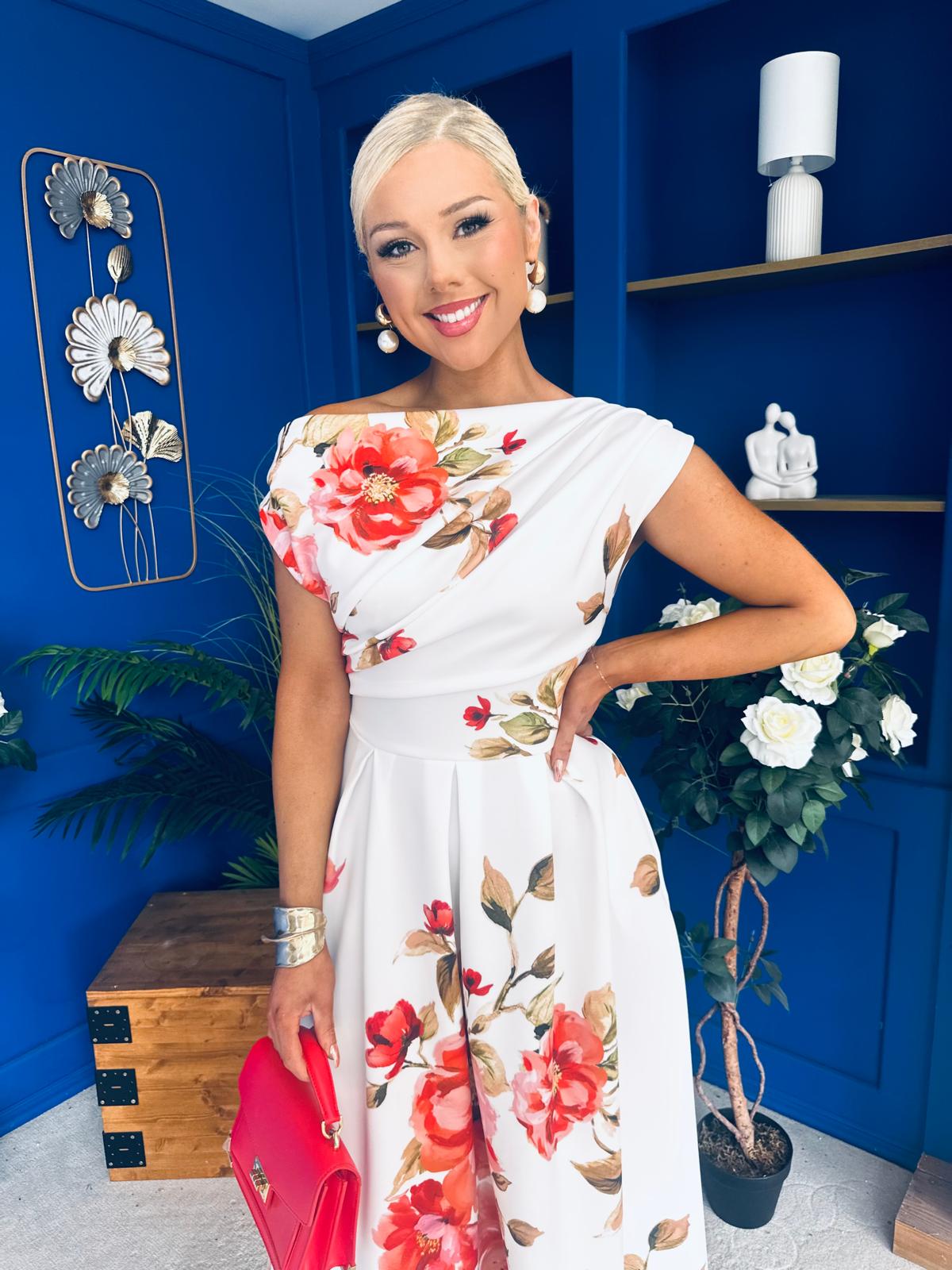 Breffy Asymmetric Neckline Skater Midi Floral Amber