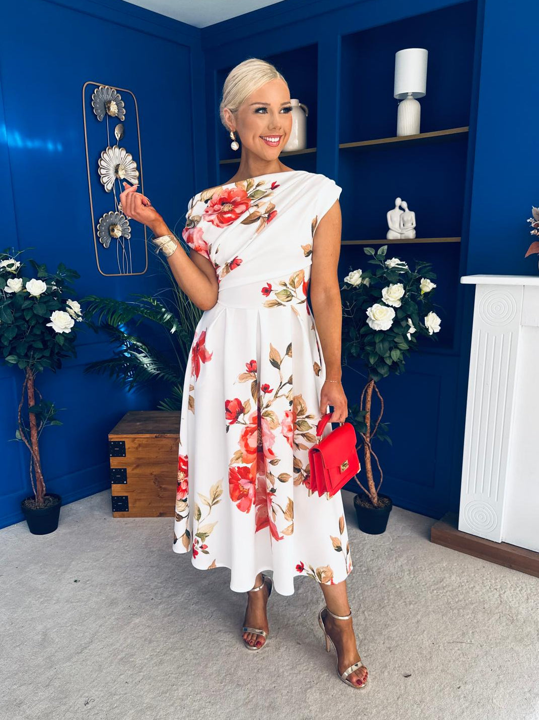 Breffy Asymmetric Neckline Skater Midi Floral Amber