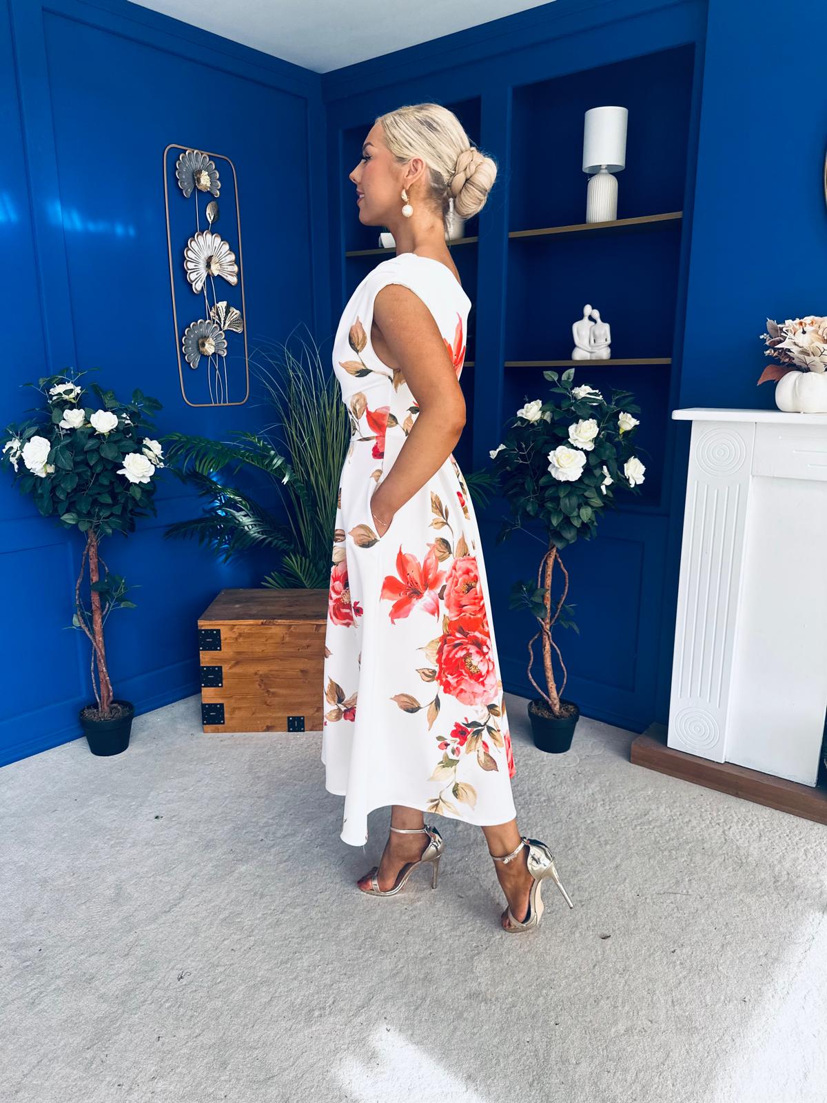 Breffy Asymmetric Neckline Skater Midi Floral Amber