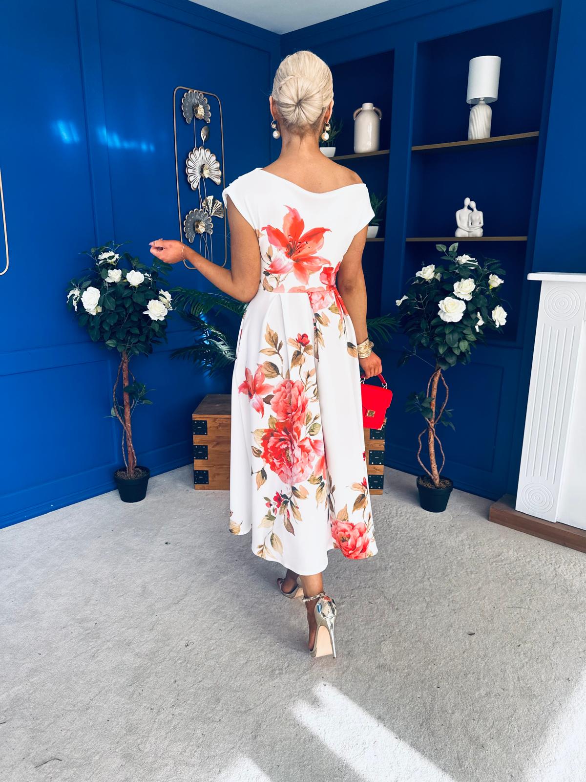 Breffy Asymmetric Neckline Skater Midi Floral Amber