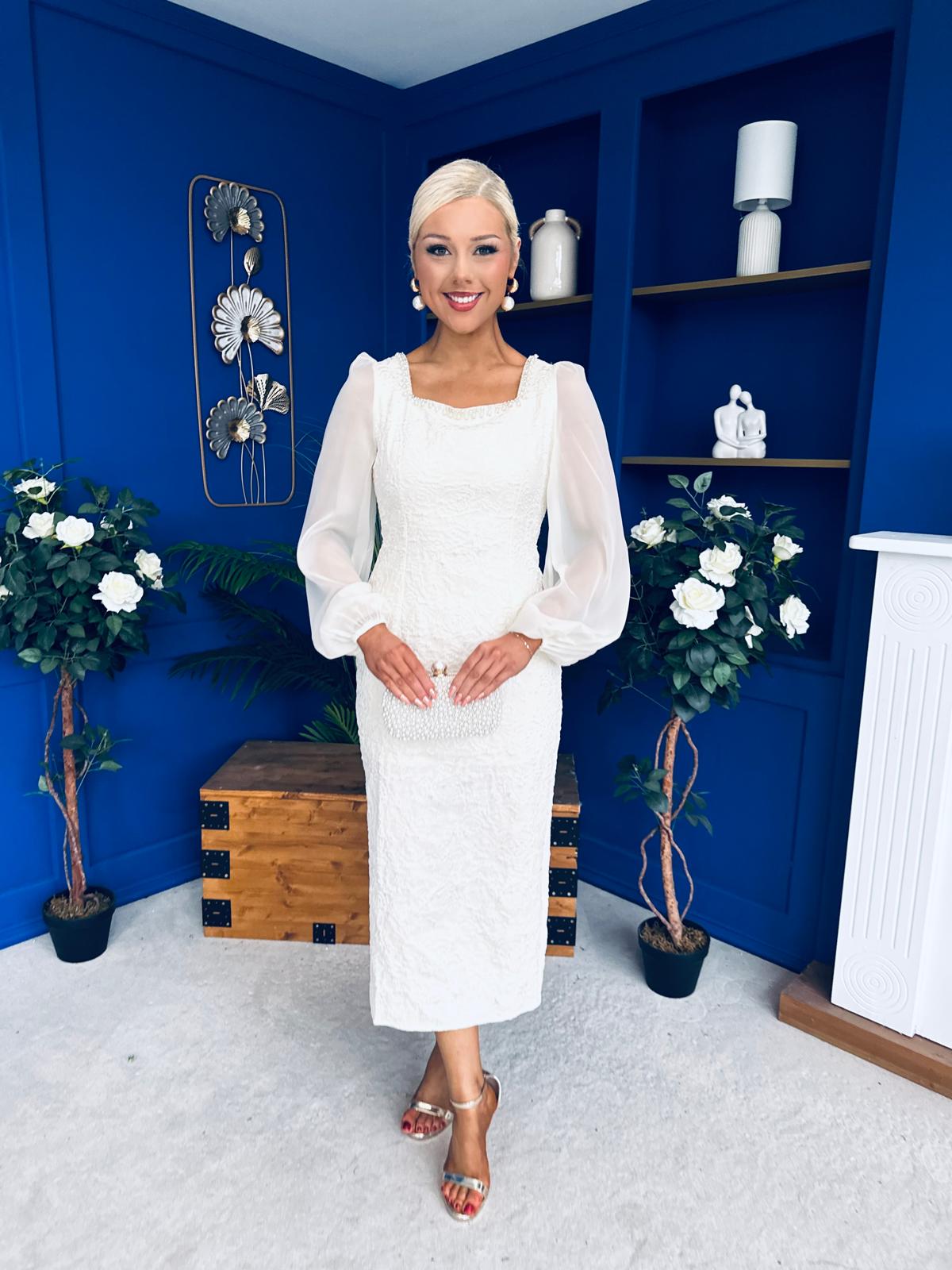 Hilda Pearl Embellished Midi Dress Cream
