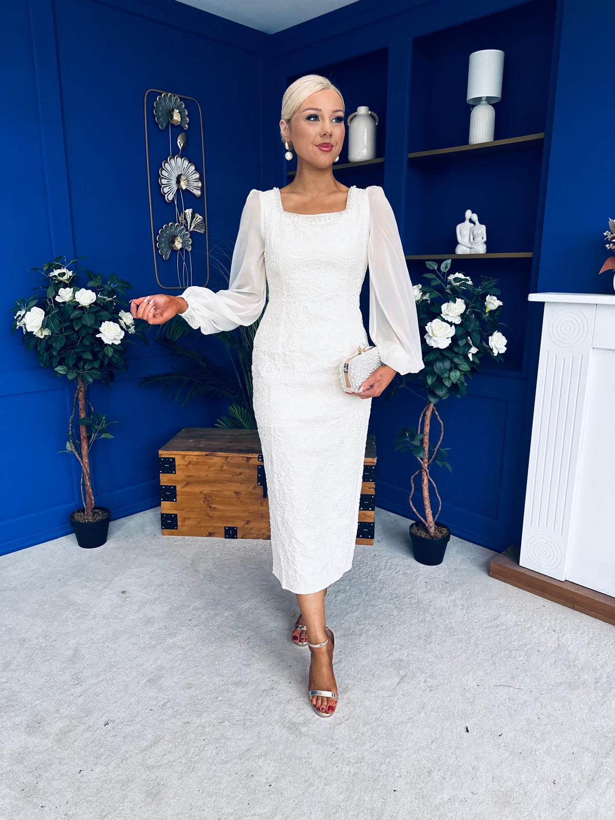 Hilda Pearl Embellished Midi Dress Cream