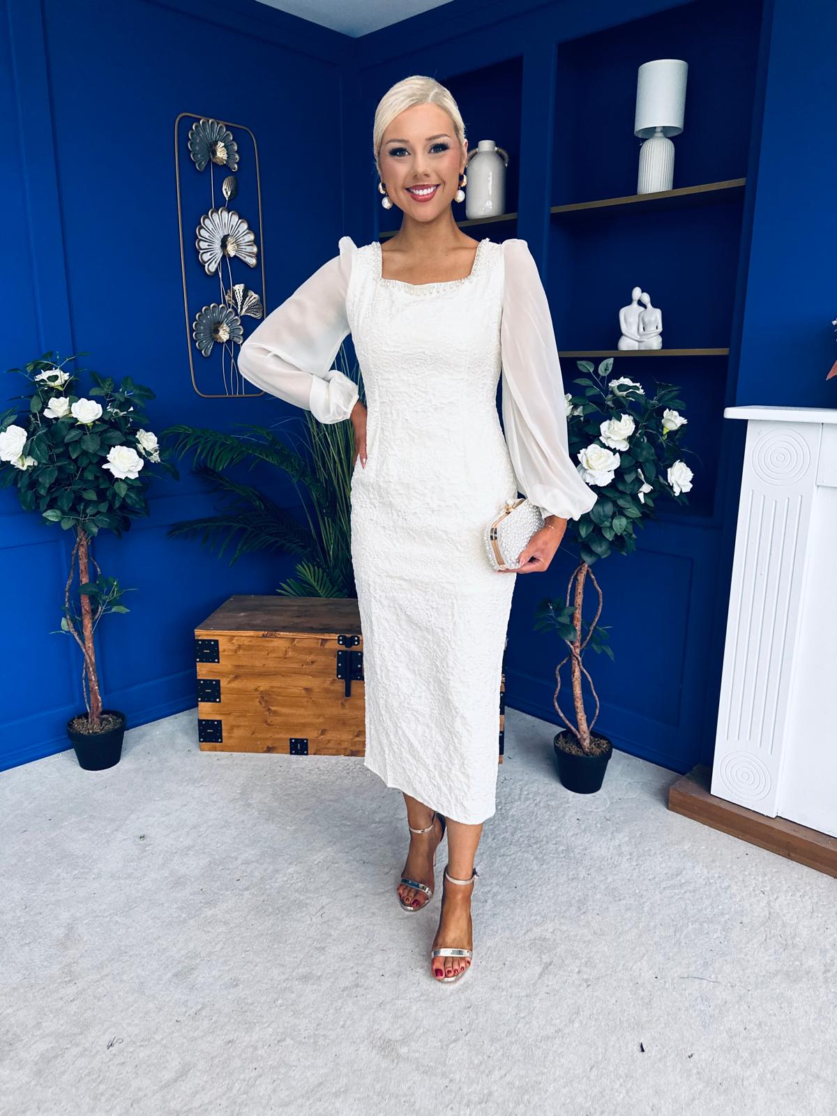 Hilda Pearl Embellished Midi Dress Cream