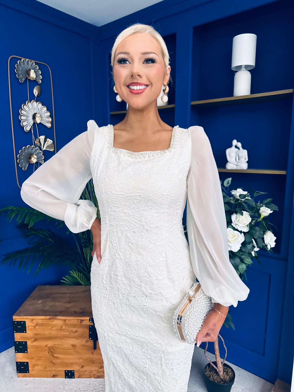 Hilda Pearl Embellished Midi Dress Cream