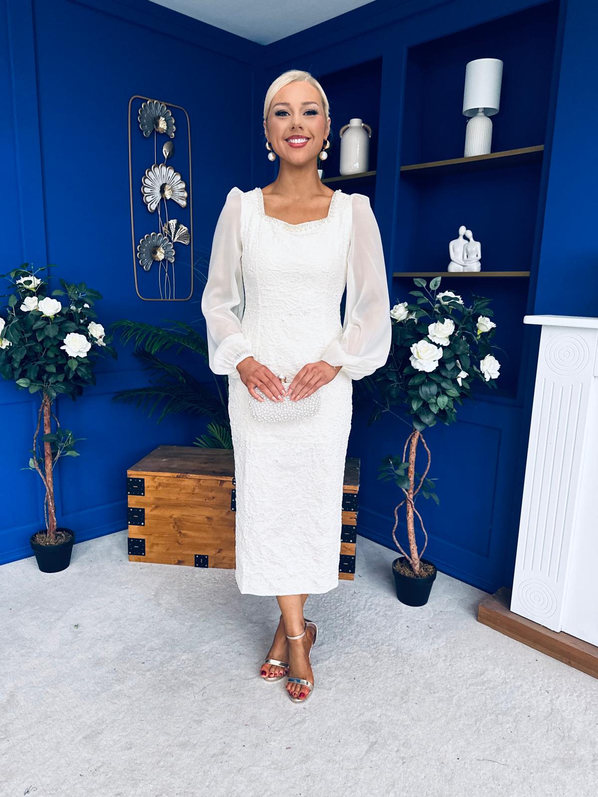 Hilda Pearl Embellished Midi Dress Cream