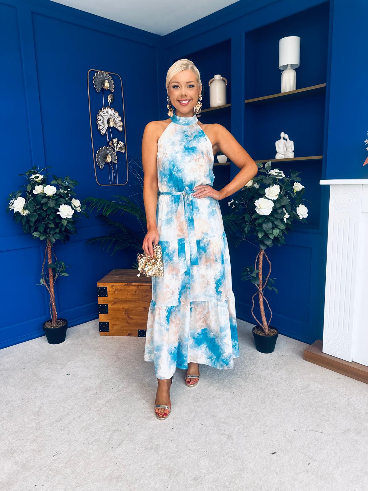 Zelpha Halterneck Tiered Maxi Dress Blue Marble