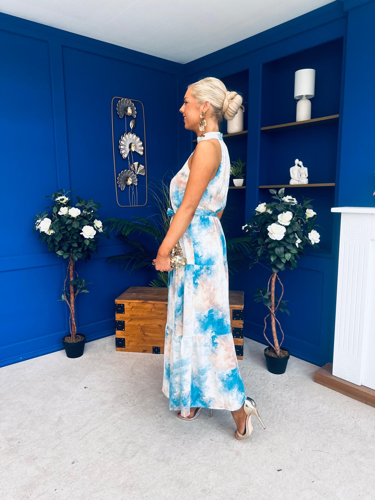 Zelpha Halterneck Tiered Maxi Dress Blue Marble