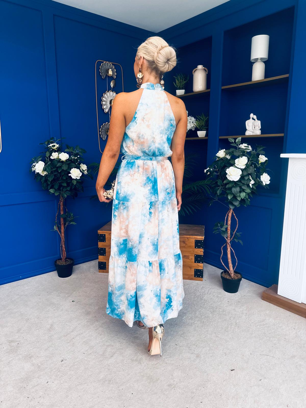 Zelpha Halterneck Tiered Maxi Dress Blue Marble Canella Lane Zelpha Halterneck Tiered Maxi Dress Blue Marble Canella Lane
