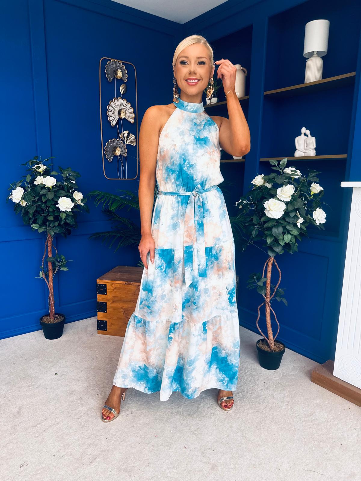 Zelpha Halterneck Tiered Maxi Dress Blue Marble