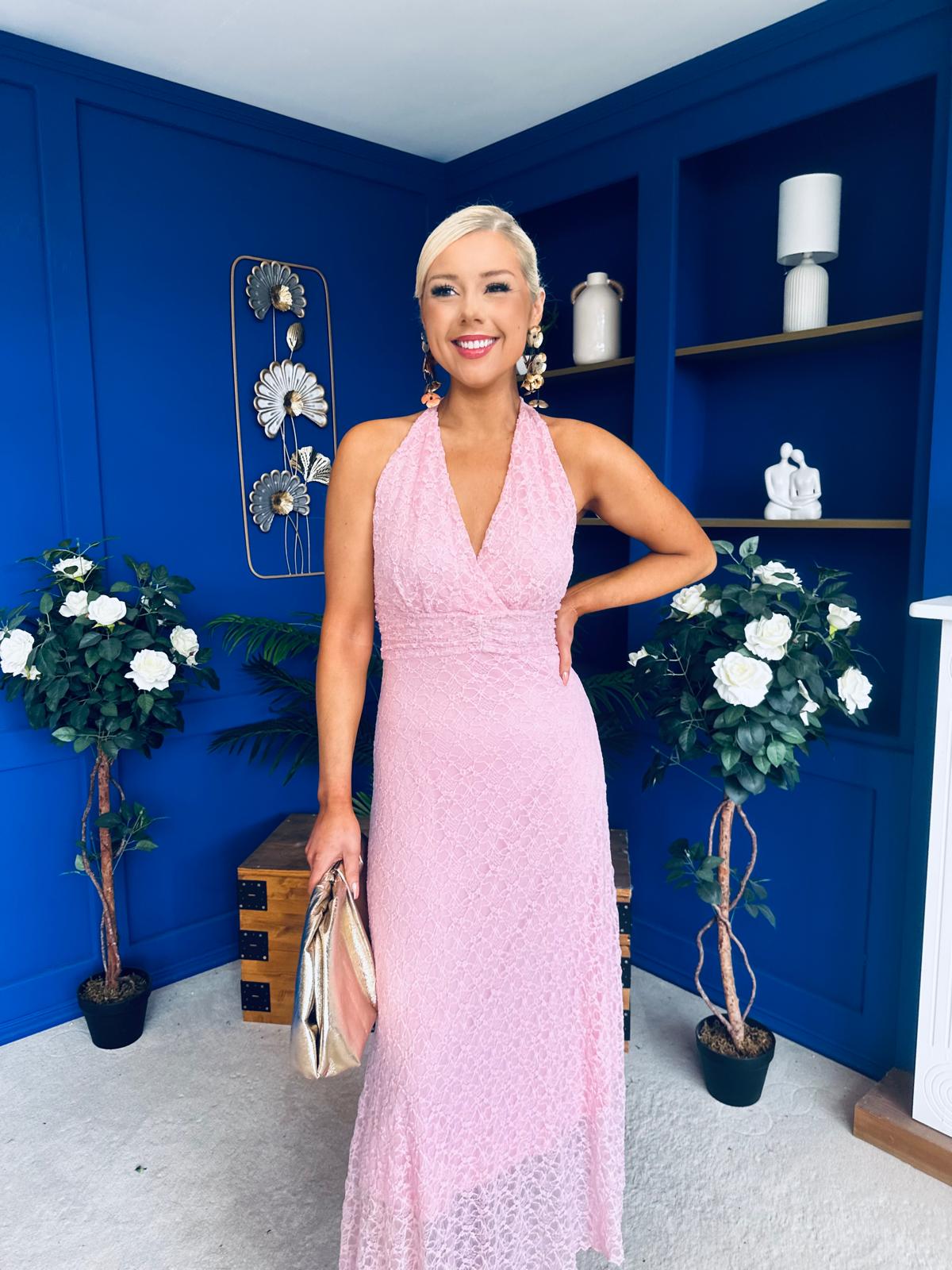 Helena Halterneck Lace Occasion Dress Pwr Pink