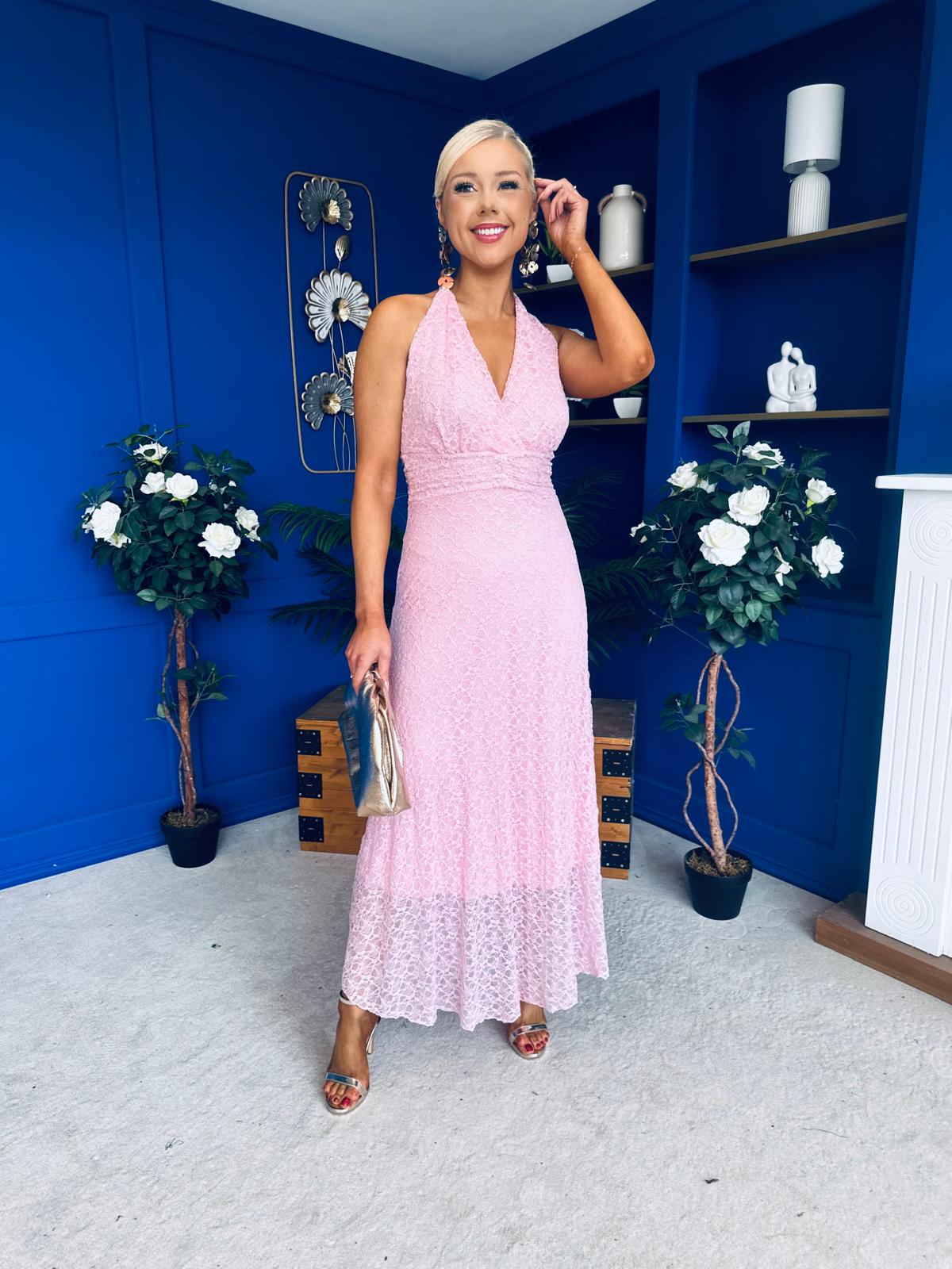 Helena Halterneck Lace Occasion Dress Pwr Pink