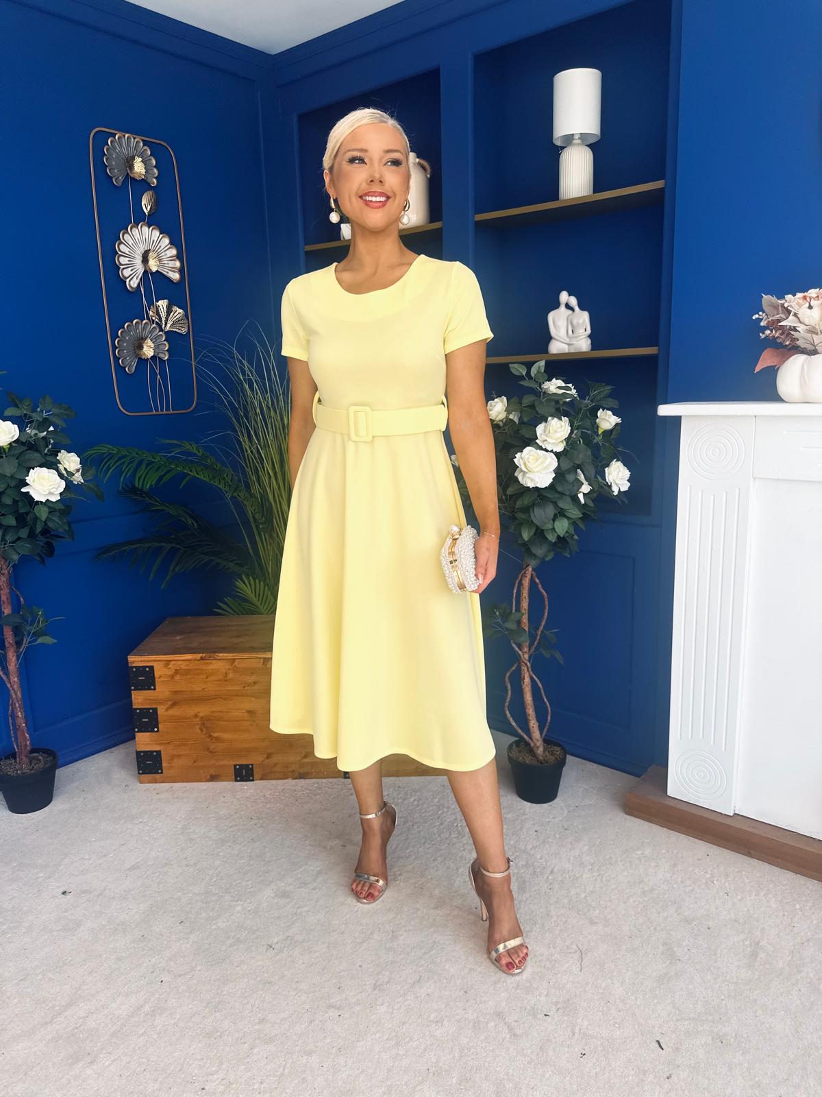 Iona Belted Occasion Midi Dress Yellow