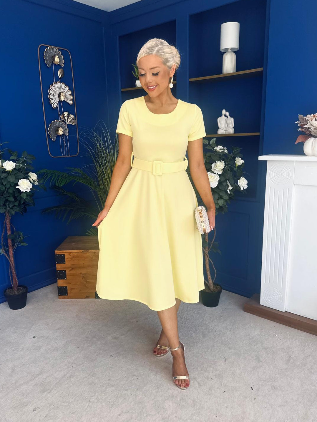 Iona Belted Occasion Midi Dress Yellow