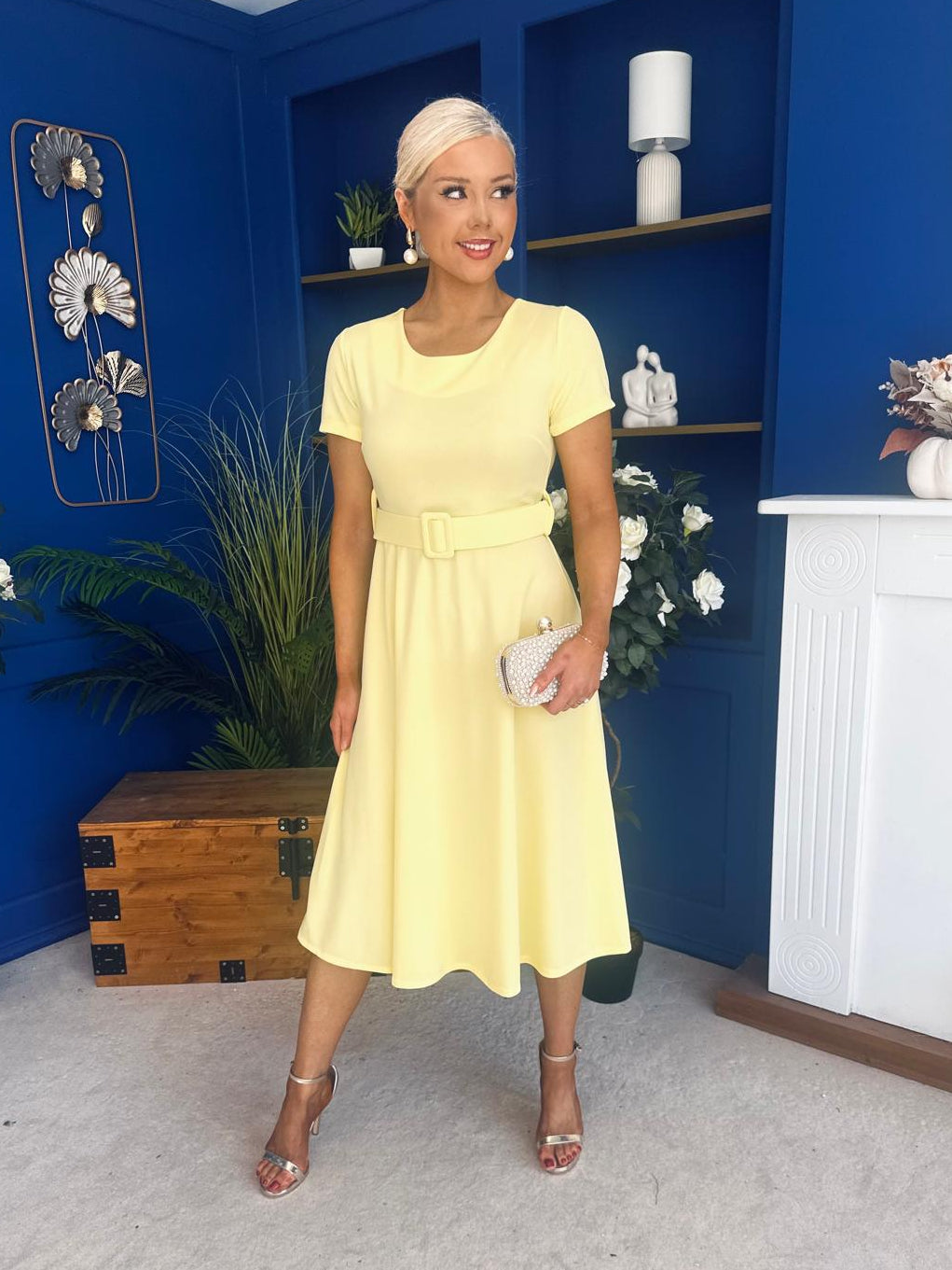 Iona Belted Occasion Midi Dress Yellow