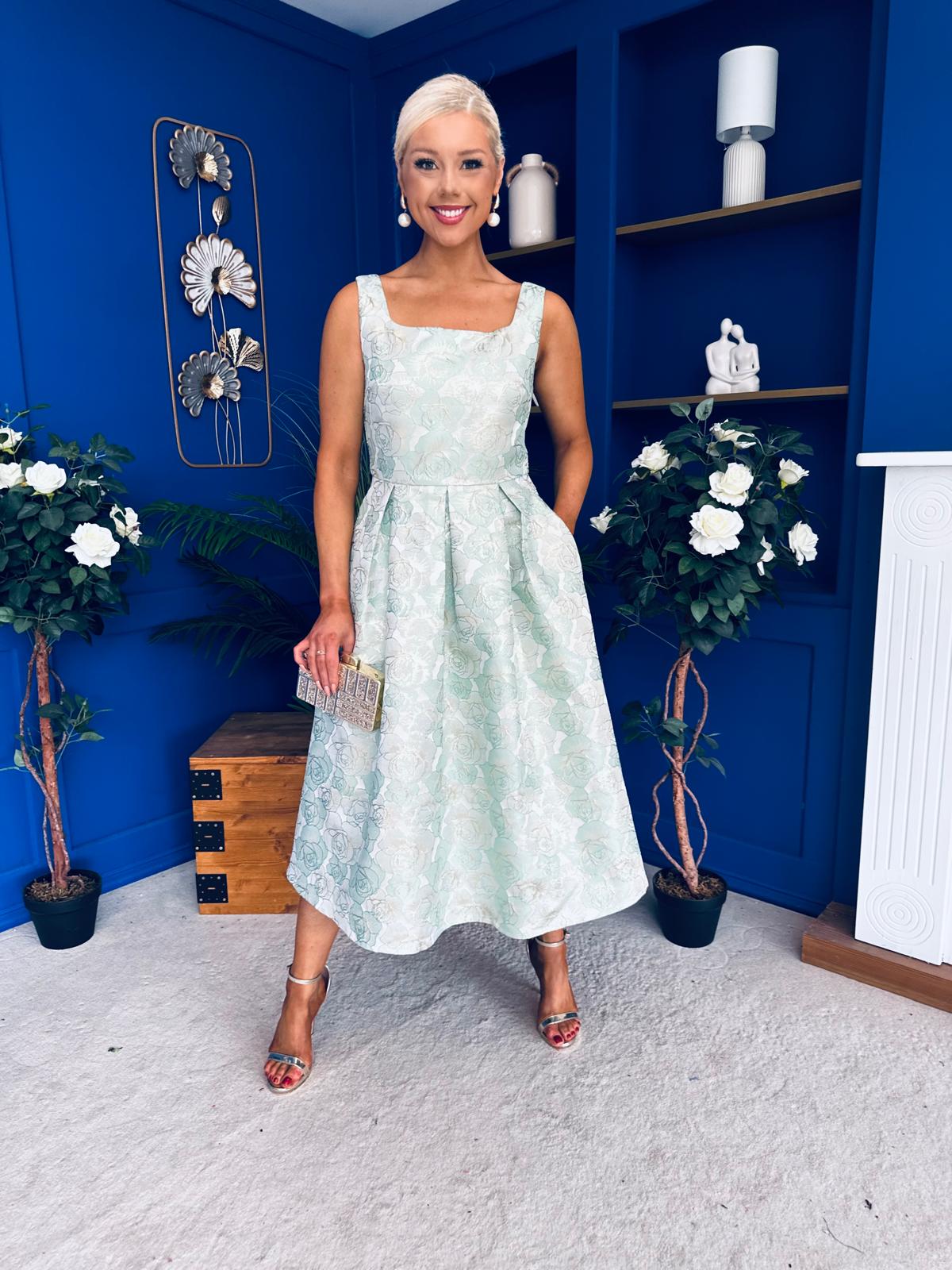 Celia Square Neck Jacquard Occasion Dress Mint