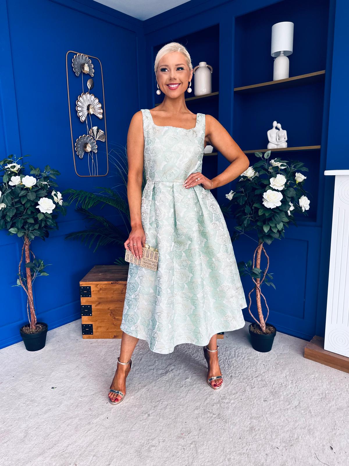 Celia Square Neck Jacquard Occasion Dress Mint