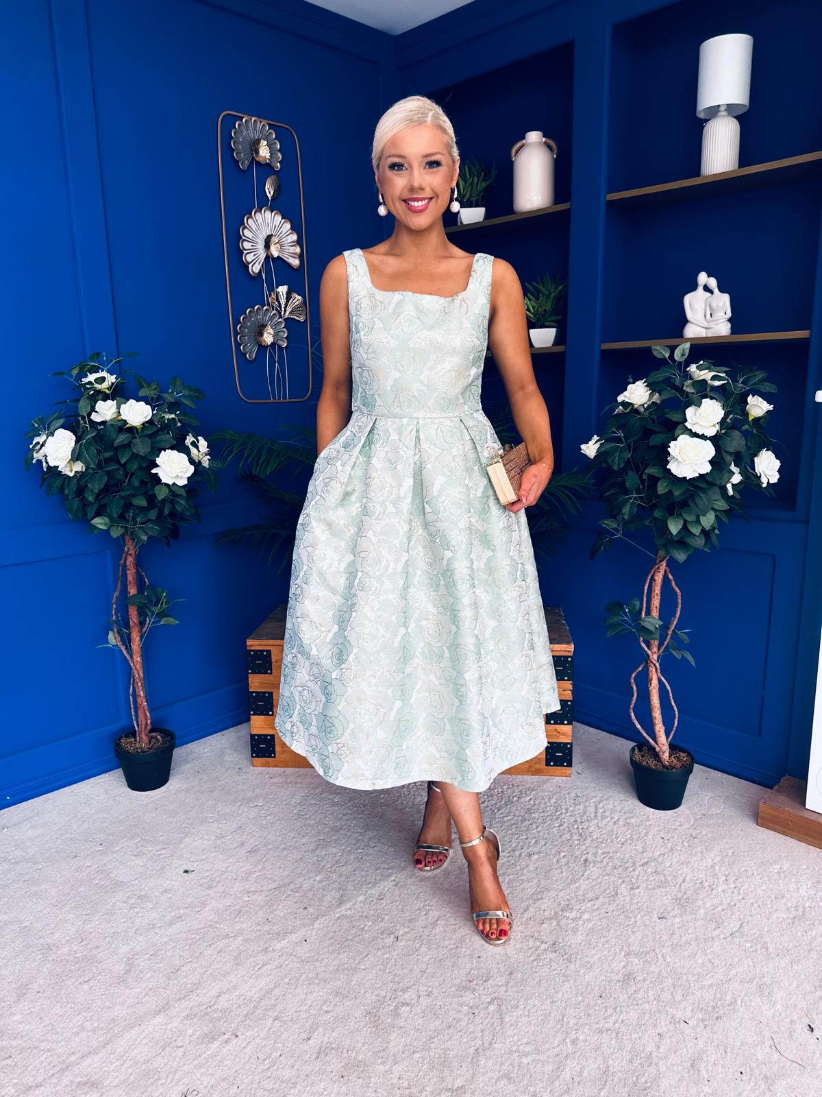 Celia Square Neck Jacquard Occasion Dress Mint