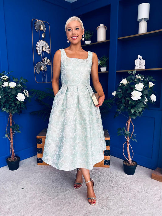 Celia Square Neck Jacquard Occasion Dress Mint