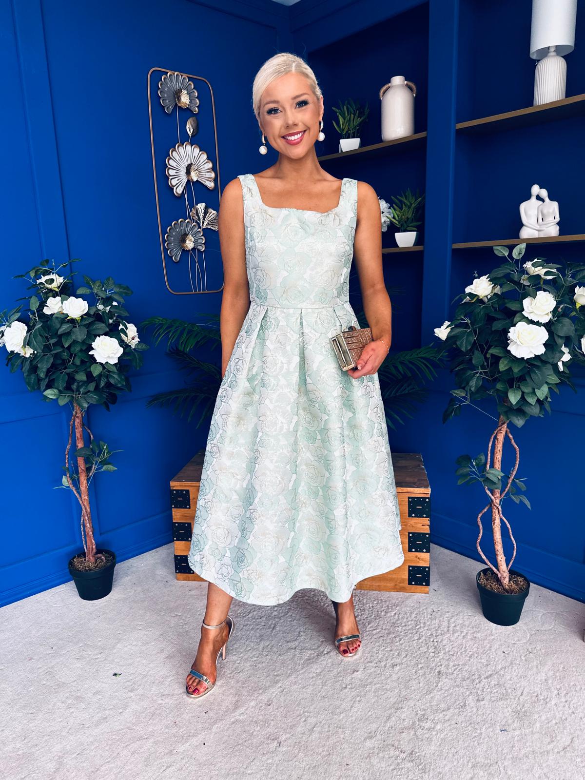 Celia Square Neck Jacquard Occasion Dress Mint