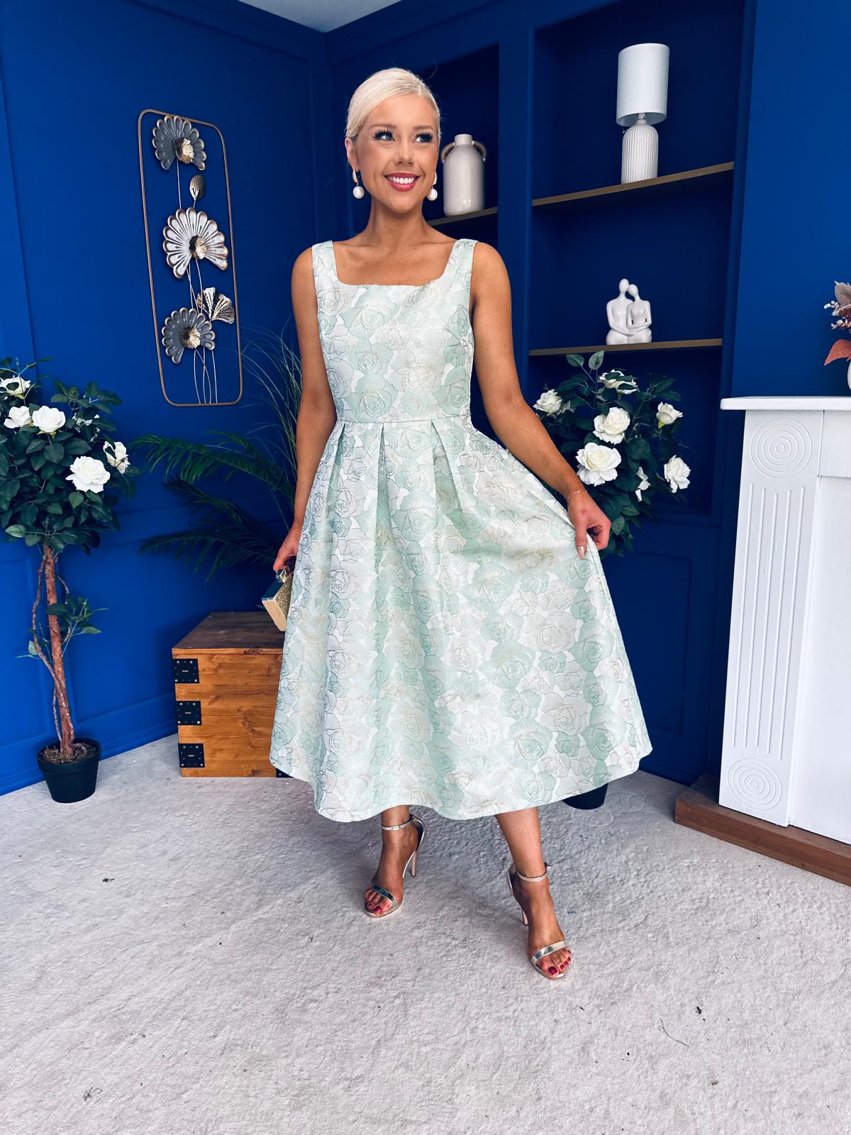 Celia Square Neck Jacquard Occasion Dress Mint