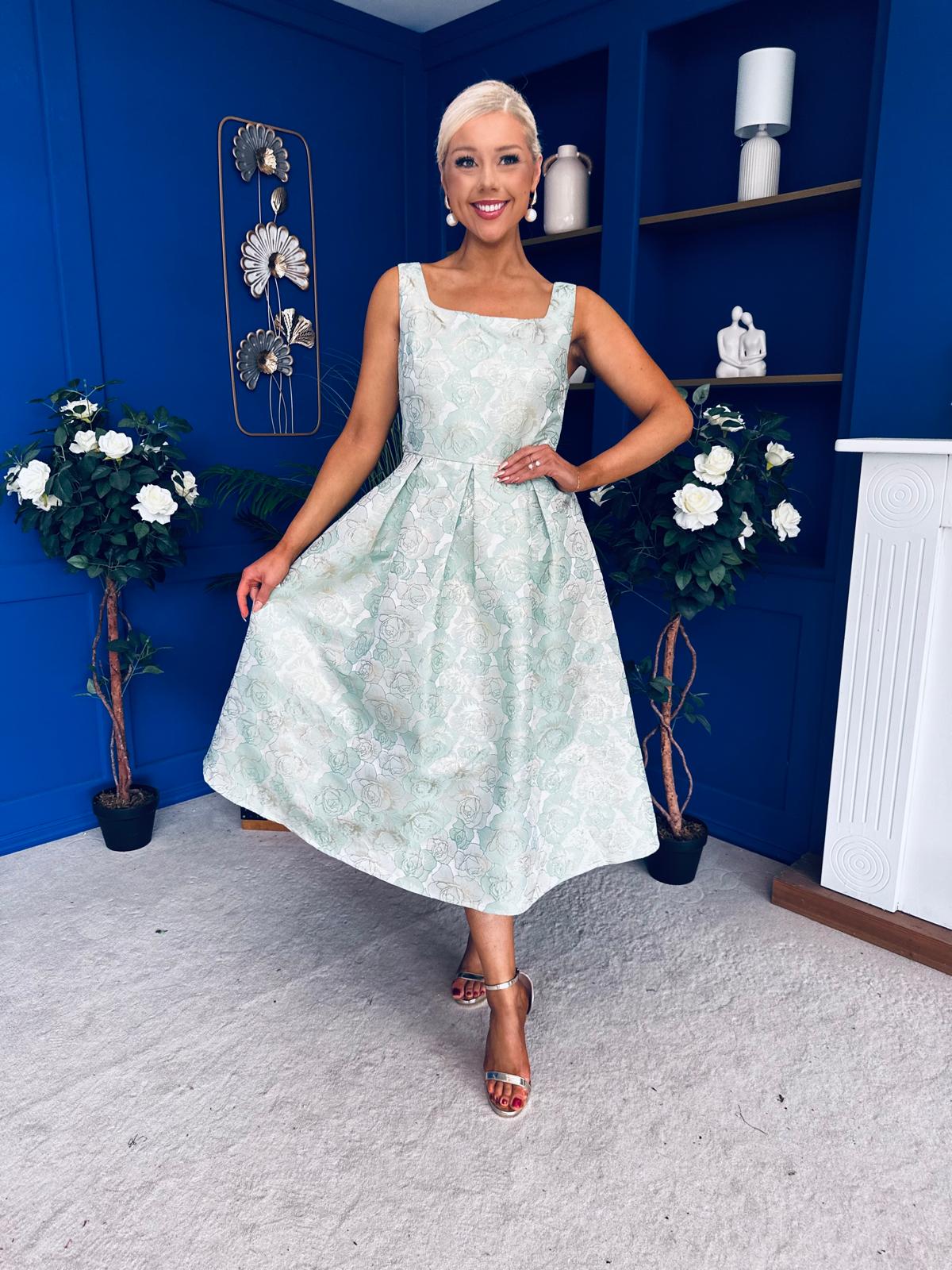 Celia Square Neck Jacquard Occasion Dress Mint