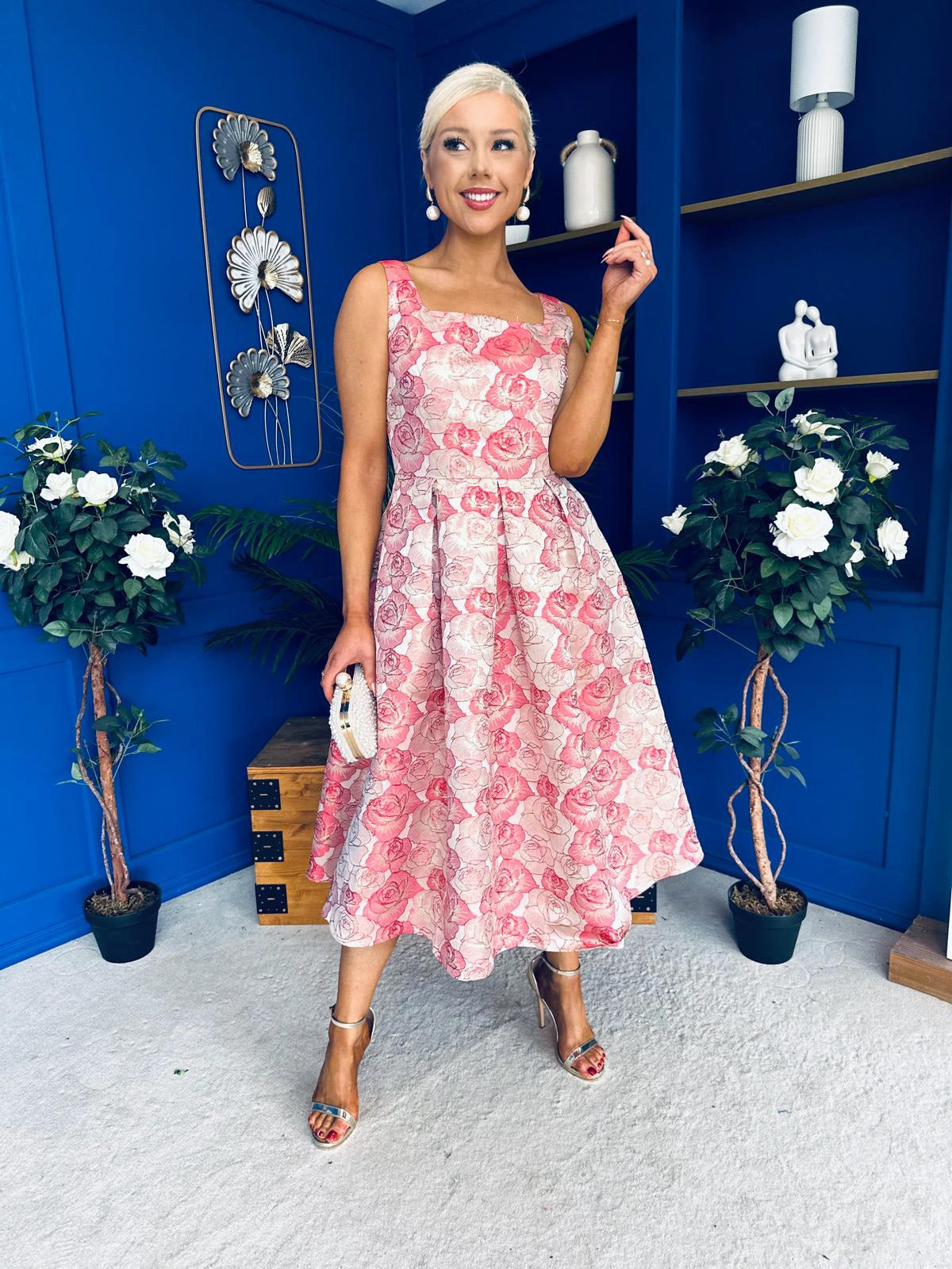 Celia Square Neck Jacquard Occasion Dress Coral