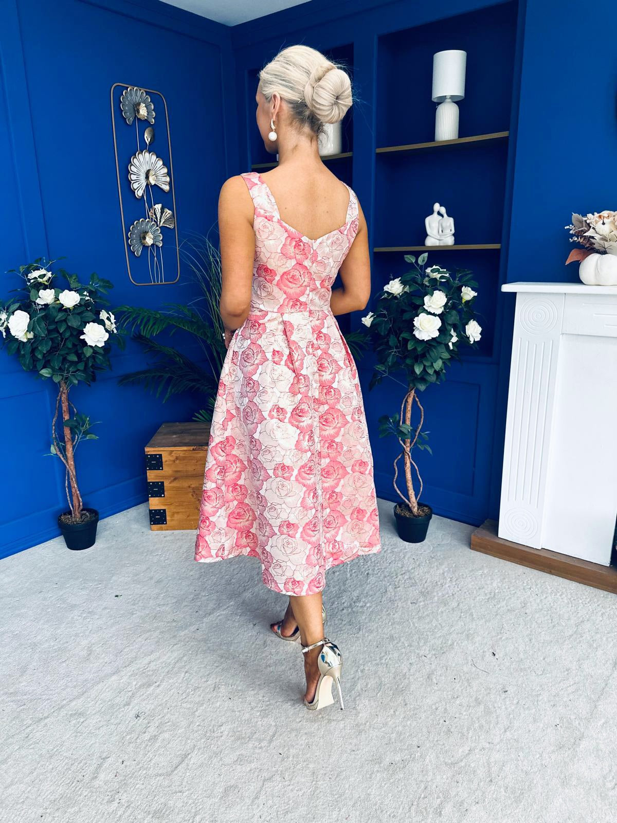Celia Square Neck Jacquard Occasion Dress Coral