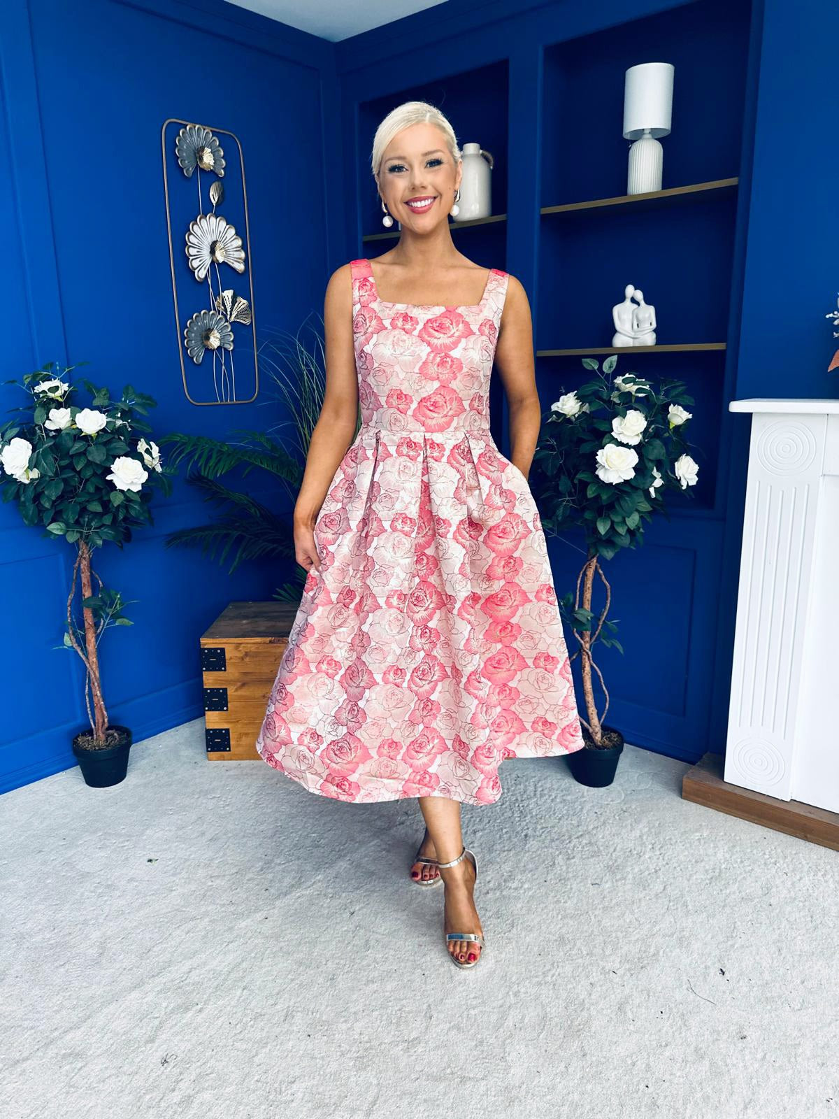 Celia Square Neck Jacquard Occasion Dress Coral