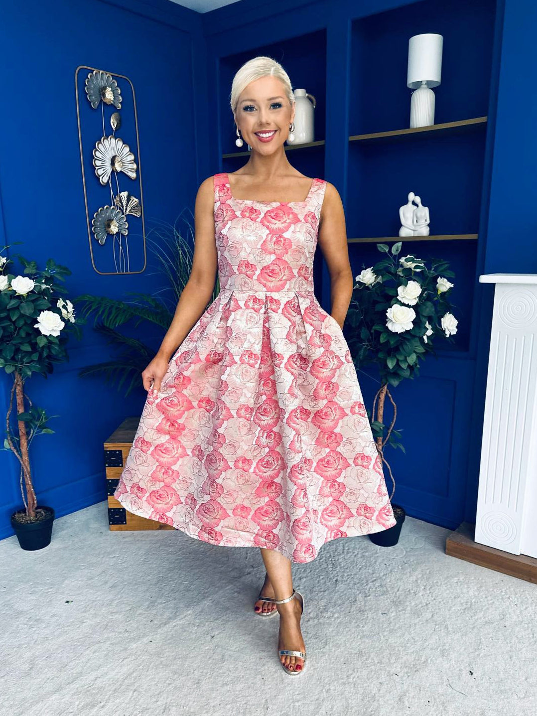 Celia Square Neck Jacquard Occasion Dress Coral