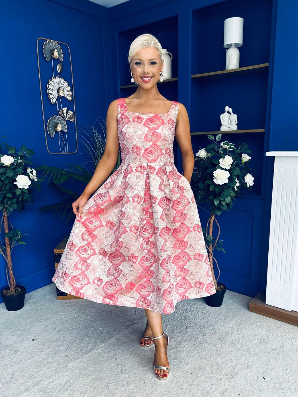 Celia Square Neck Jacquard Occasion Dress Coral