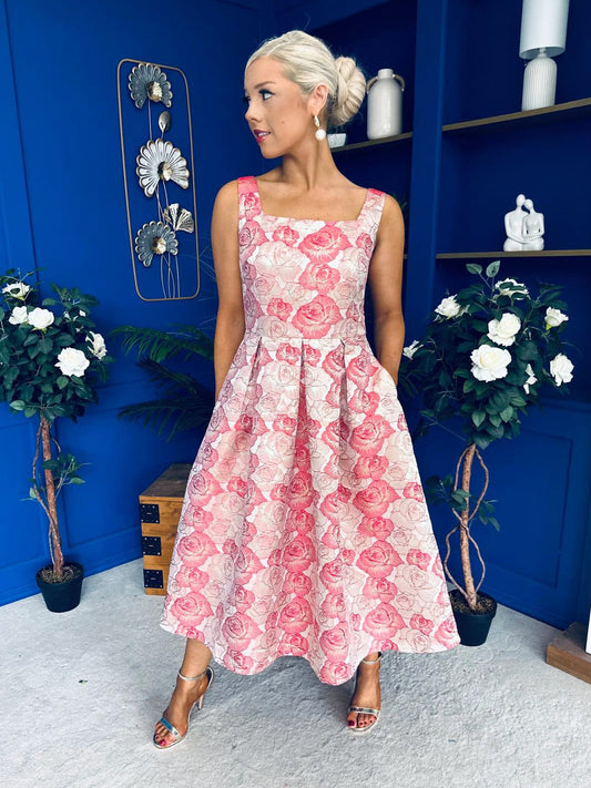 Celia Square Neck Jacquard Occasion Dress Coral