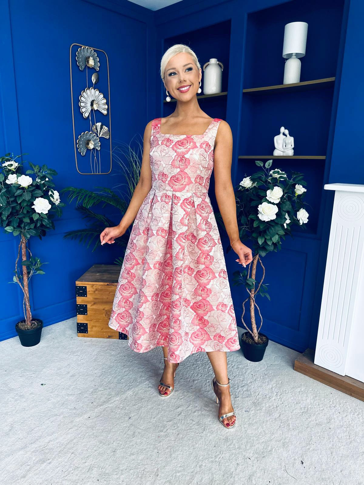 Celia Square Neck Jacquard Occasion Dress Coral