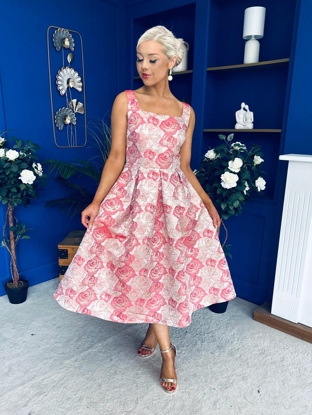 Celia Square Neck Jacquard Occasion Dress Coral