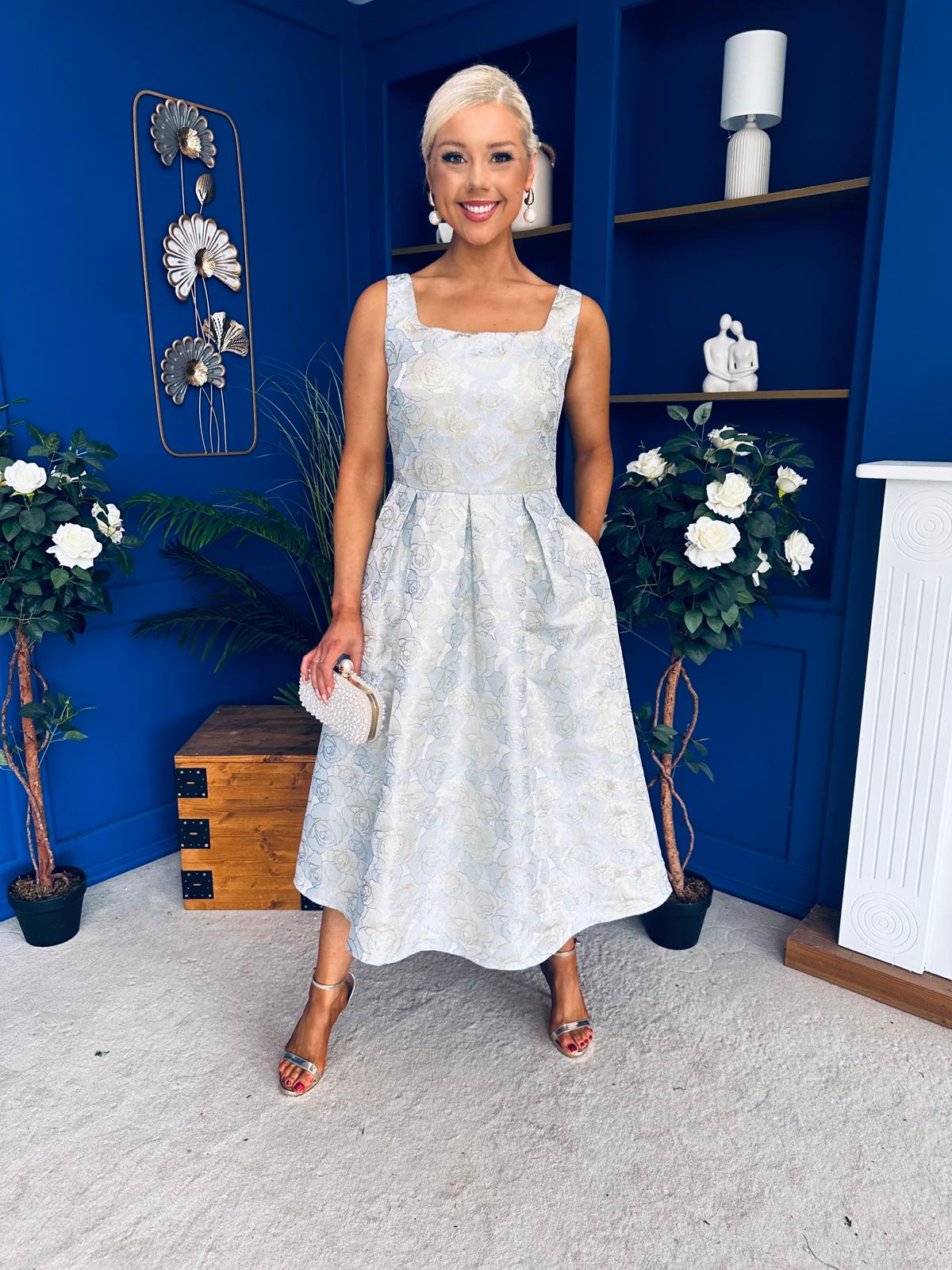 Celia Square Neck Jacquard Occasion Dress Blue