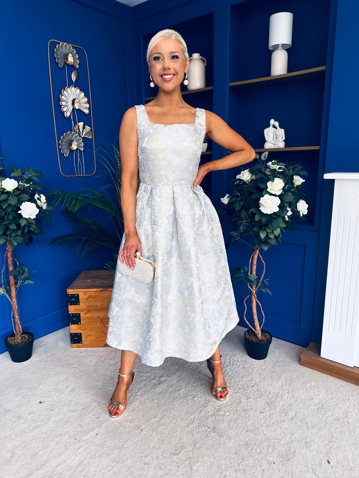 Celia Square Neck Jacquard Occasion Dress Blue