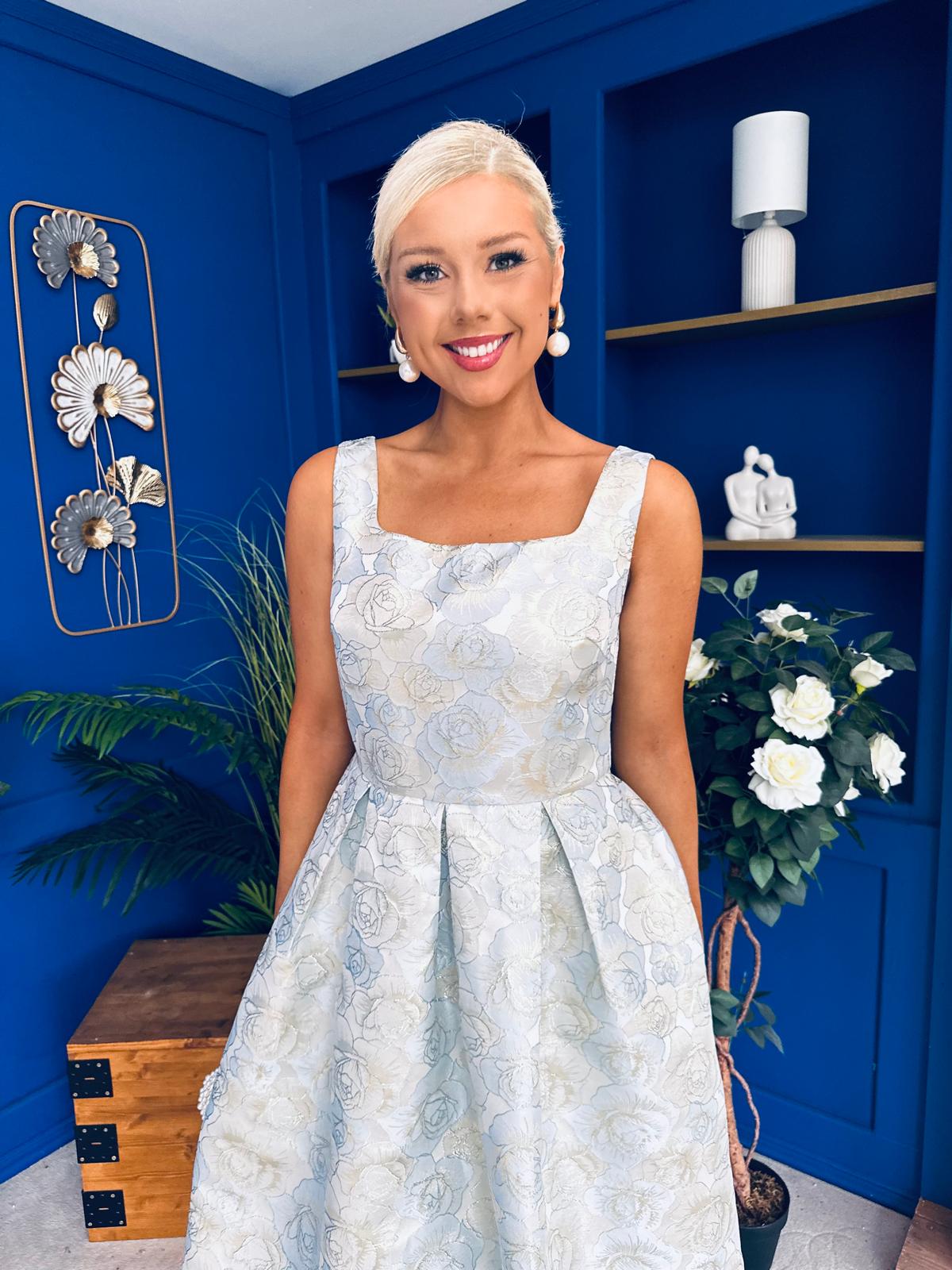 Celia Square Neck Jacquard Occasion Dress Blue