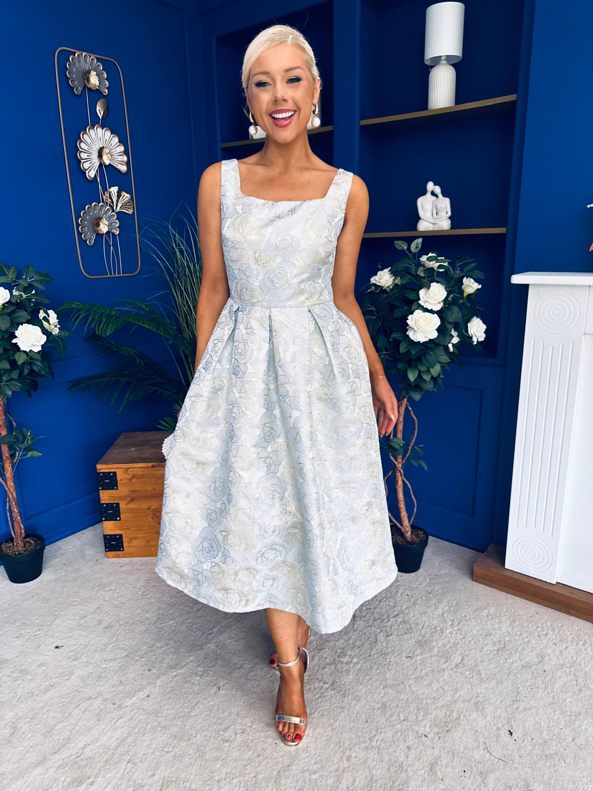 Celia Square Neck Jacquard Occasion Dress Blue