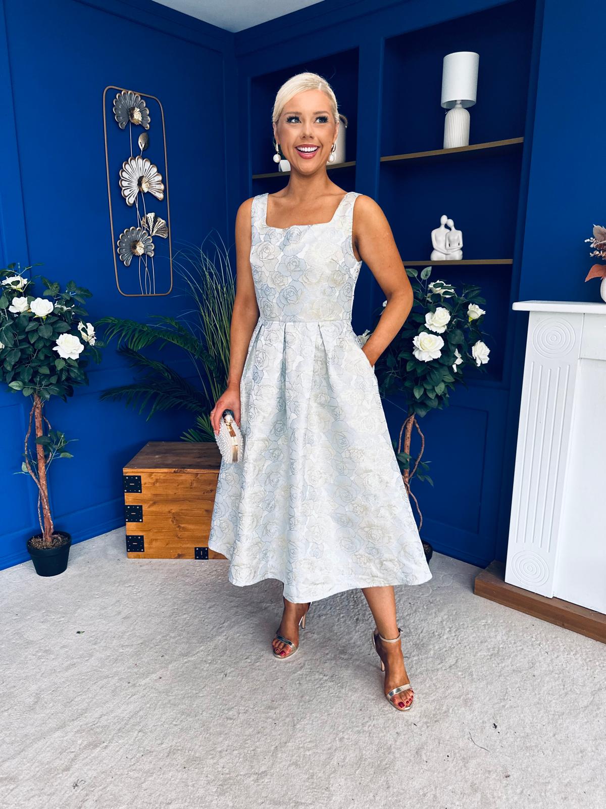 Celia Square Neck Jacquard Occasion Dress Blue