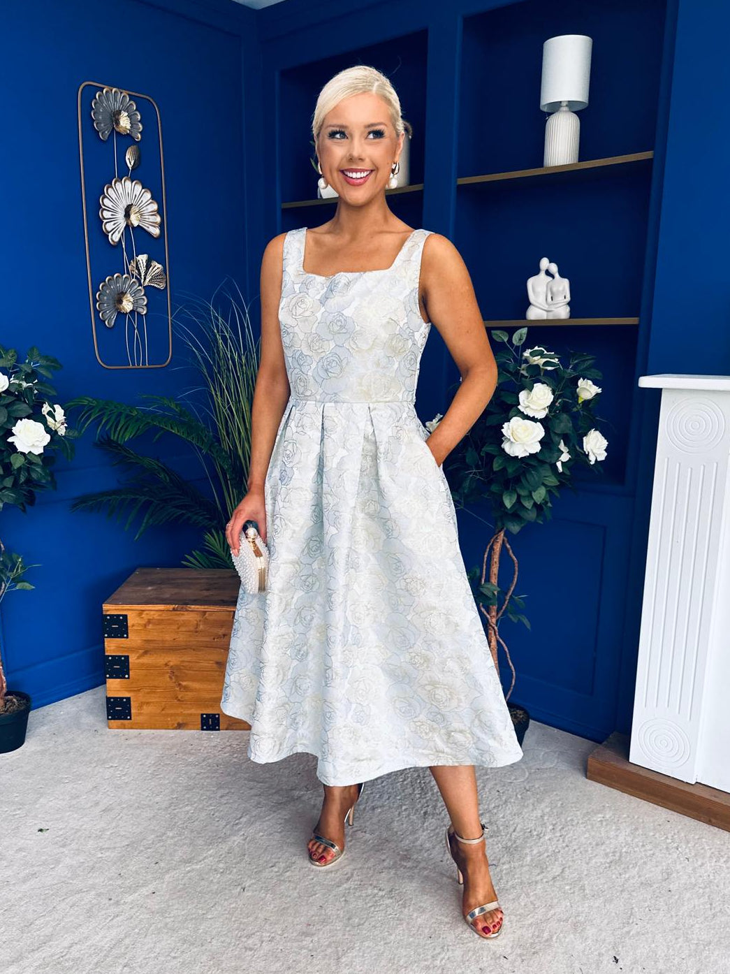 Celia Square Neck Jacquard Occasion Dress Blue