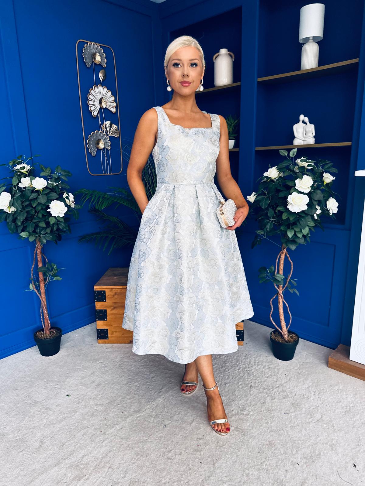 Celia Square Neck Jacquard Occasion Dress Blue